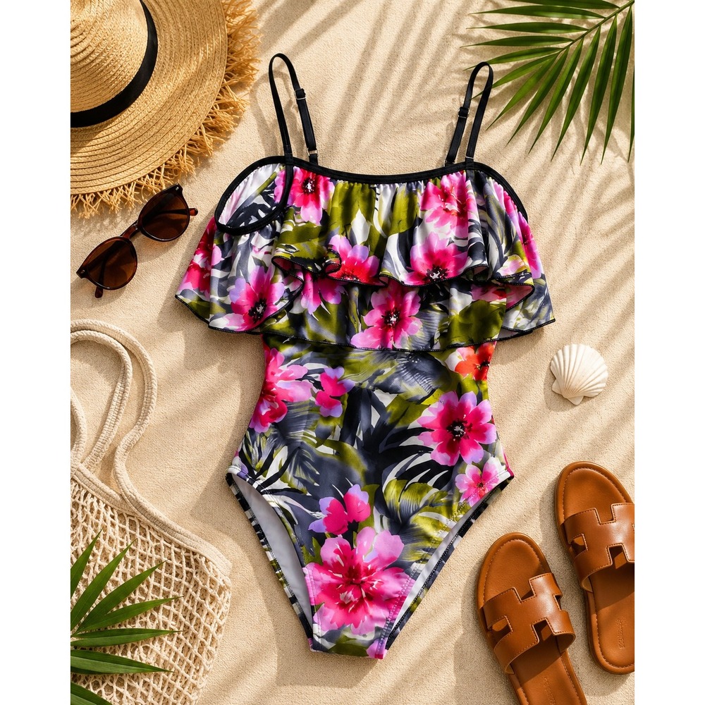 Relibeauty One Piece Swimsuit Size 8 Pink Floral Ruffle Tropical NWT Resort Chic